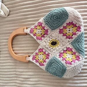 Colorful Crochet Tote Bag with Wooden Handle